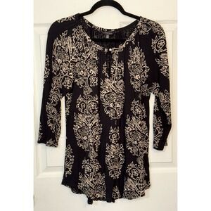 Lucky Brand Black Tan Floral Round Neck Keyhole Pullover Blouse Tunic Size 1X